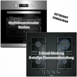Beko Einbau-Backofen BIM22300X Mit Siemens Gas-Kochfeld EP6A6PB20 - Autark, 60cm, Edelstahl Schwarz